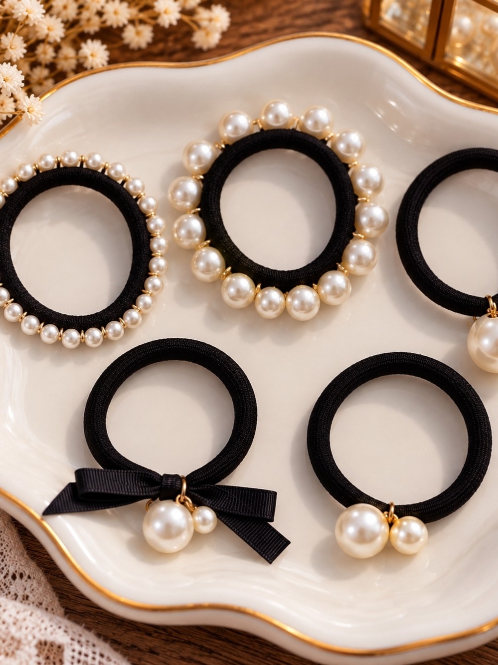 Brand New Black Faux Pearl Hair Tie Set – 5 Pieces